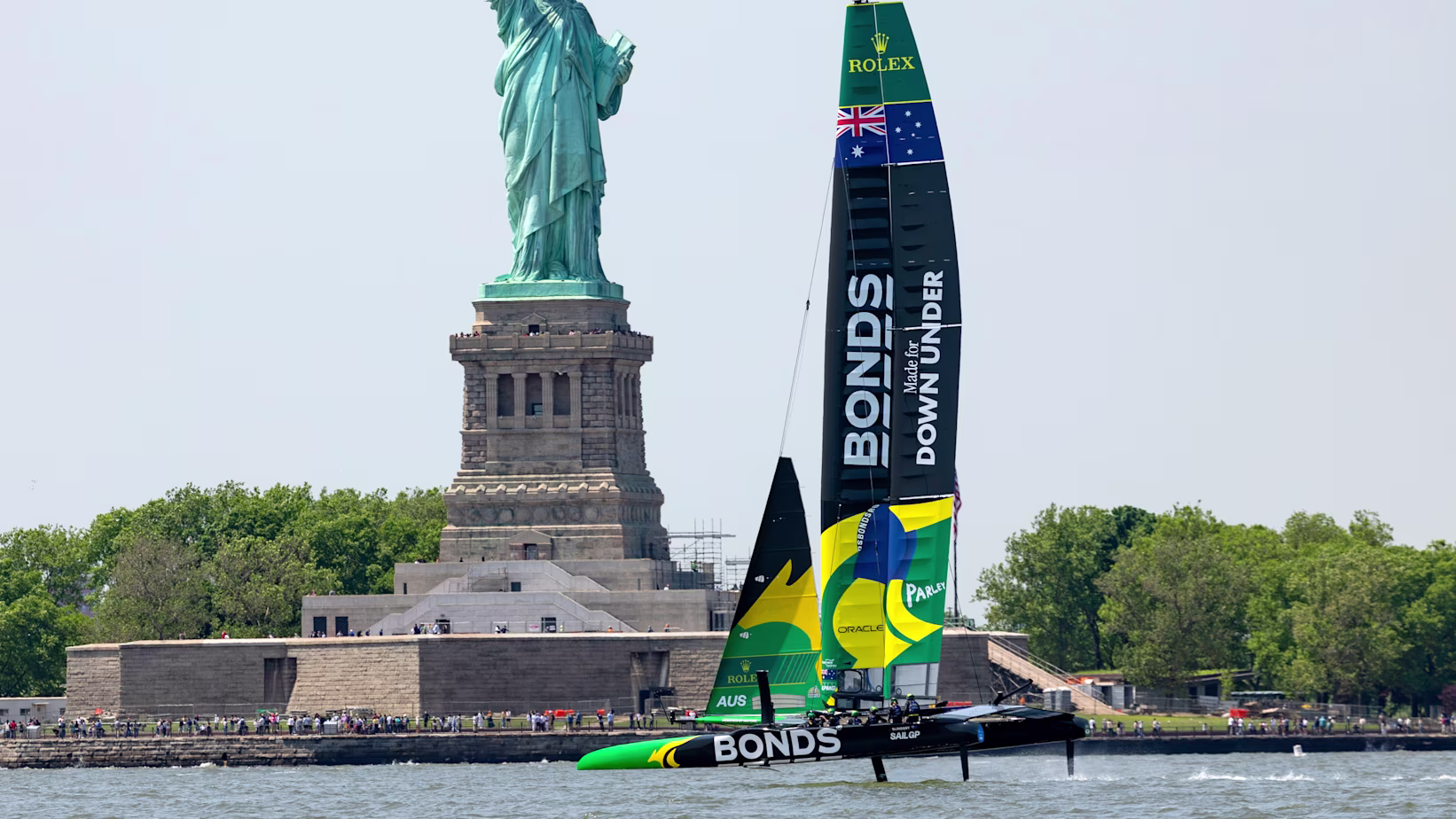 Bonds flying roos sailgp team boat launch on hudson river new yorkjpg