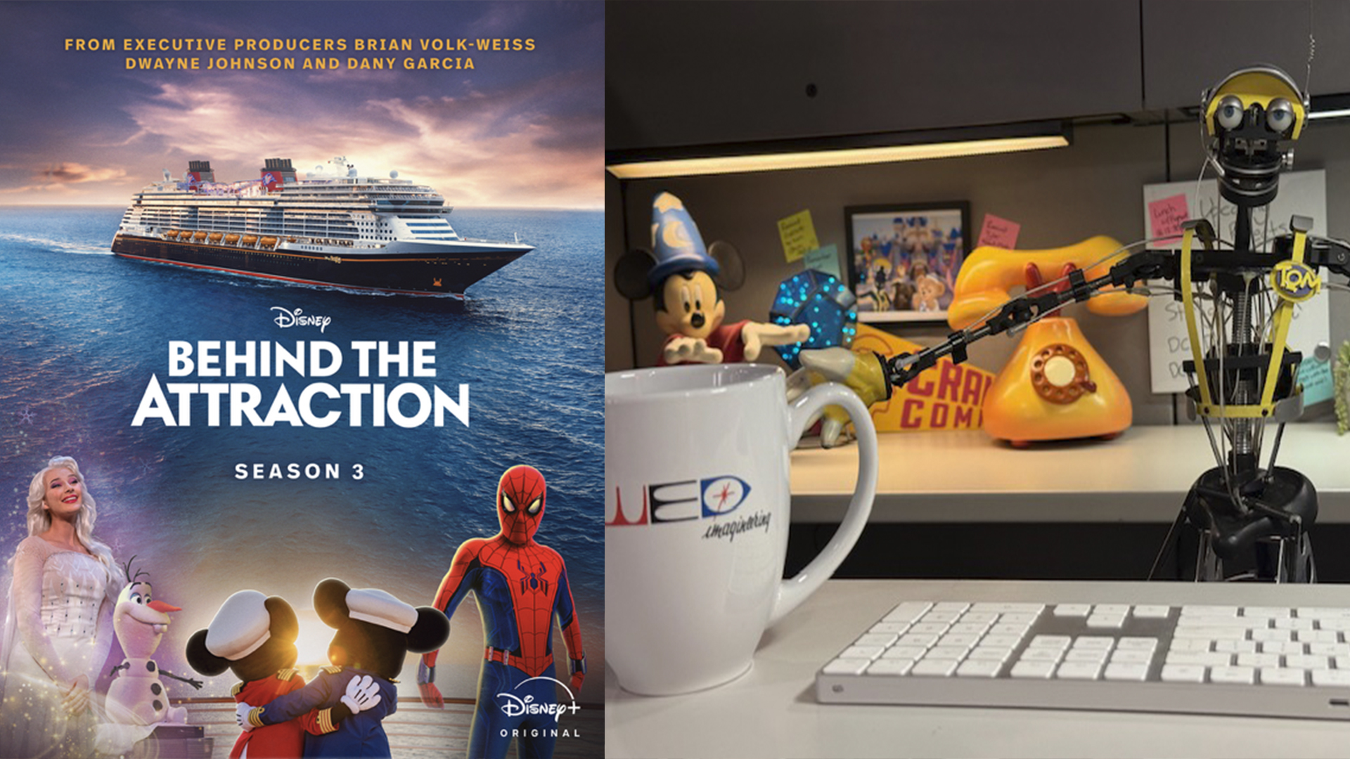 Split Image Left Shows a Disney+ Behind the Attraction Poster with a Cruise Ship and Animated Characters Right Shows a Desk Cluttered with Toys and a Robot Figure
