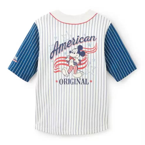 Back of a Kids White Baseball Jersey with Blue Pinstripes and Blue Sleeves Featuring Mickey Mouse and the Text american Original
