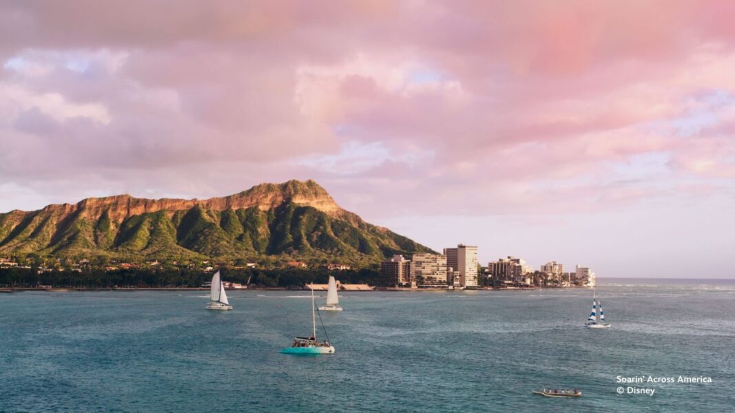 IMG1593 | The Main Street Mouse Sailboats on Turquoise Water with Diamond Head and a City Shoreline at Sunset Under Pink Clouds