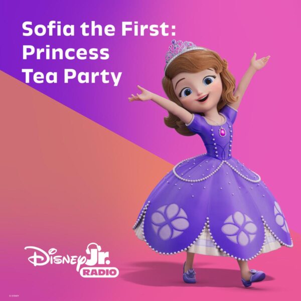 Sofia the First Princess Tea Party promotional image with Sofia in a purple dress posing against a pink purple gradient background