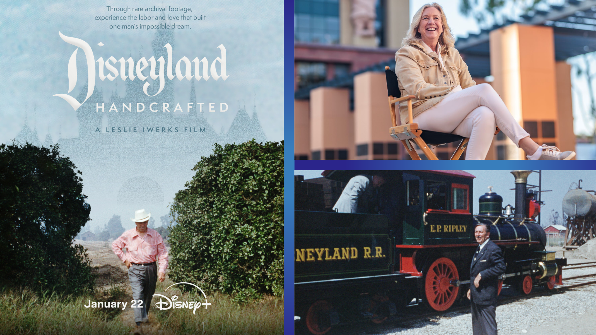 Collage Poster for Disneyland Handcrafted Left Panel with the Title and Archival Skyline over a Field Scene Right Panels Show a Smiling Woman Seated Outdoors and a Vintage Steam Train with a Man Nearby