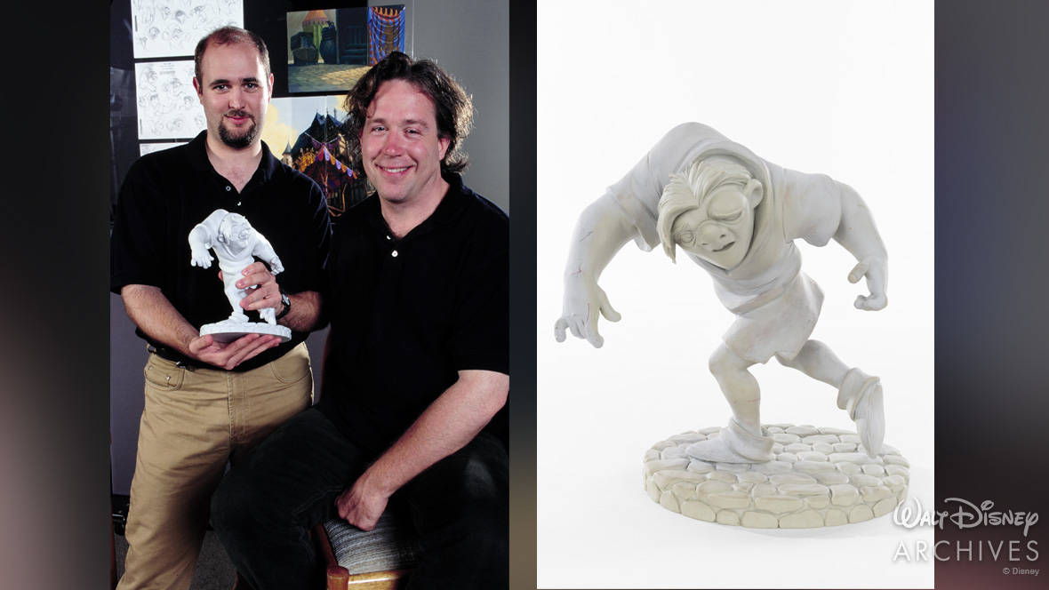 Supervising Animator James Baxter with Quasimodos Voice Artist Tom Hulce and an Animators Model of Quasimodo