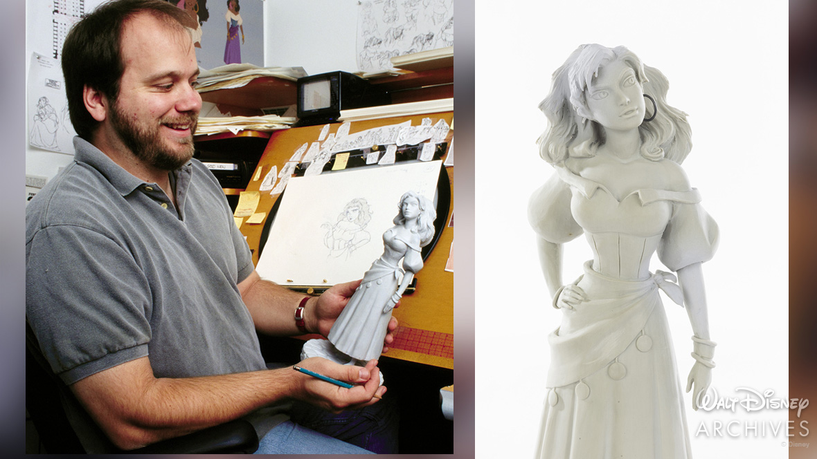 Tony Fucile Supervising Animator for Esmeralda at His Desk and an Animators Model of Esmeralda