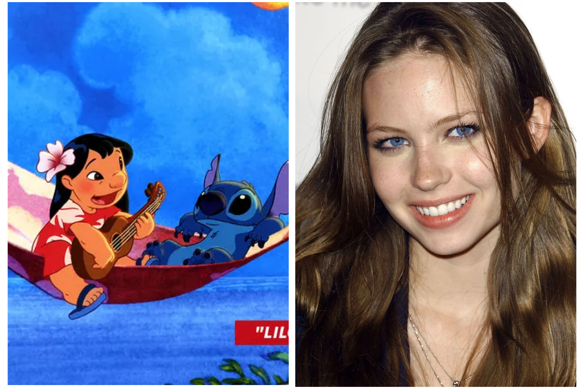 Lilo from Lilo Stitch Playing a Guitar in a Red Boat with Stitch on a Bright Blue Background Scene is Colorful and Animated