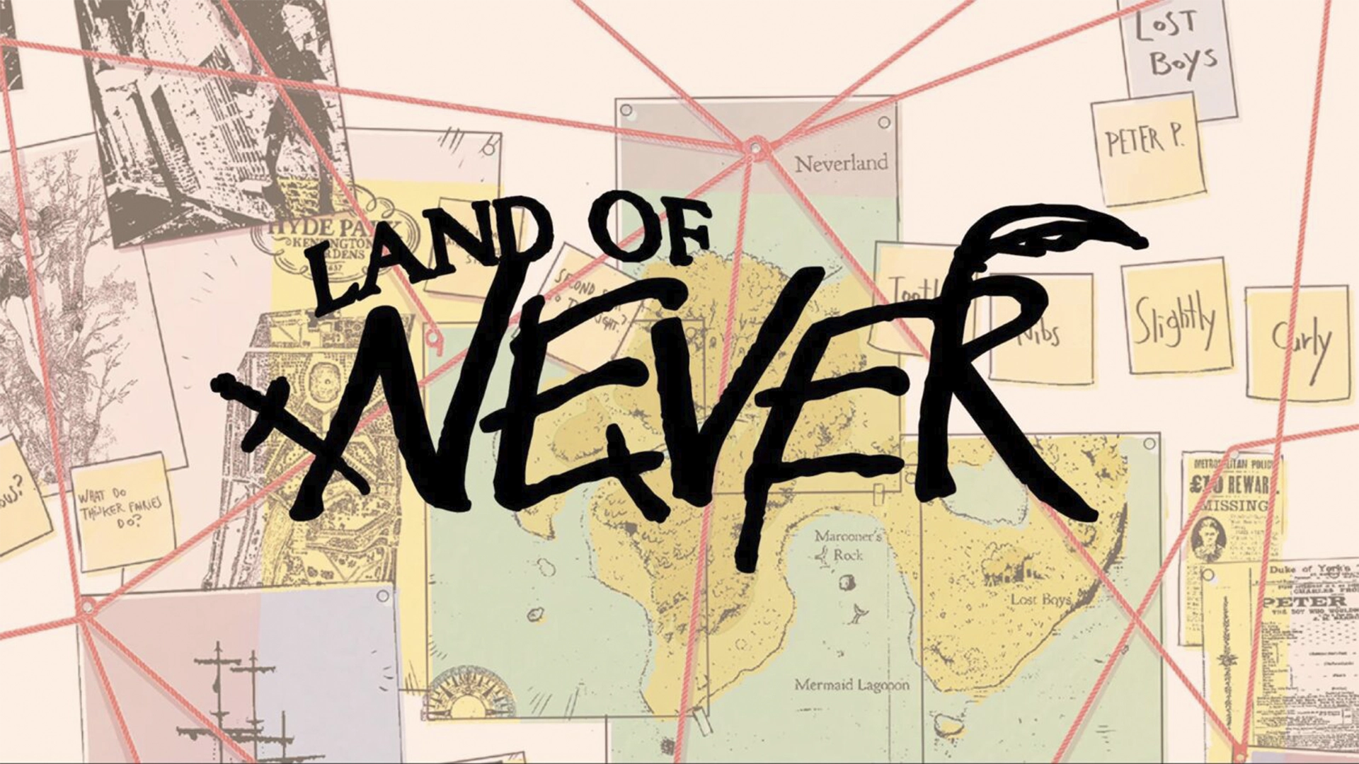 Peter Pan Returns in a New Dark Series Comic That Makes Him the Villain | The Main Street Mouse Collage Map Labeled'Neverland' with pink background and red strings connecting notes and sticky notes.