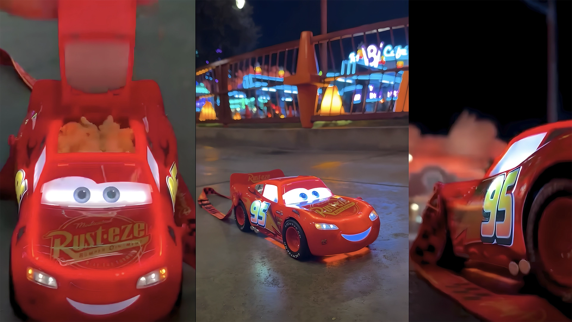 Triptych Collage of a Red Lightning Mcqueen Toy Car with Large Eyes on a Reflective Surface with Neon lit Background