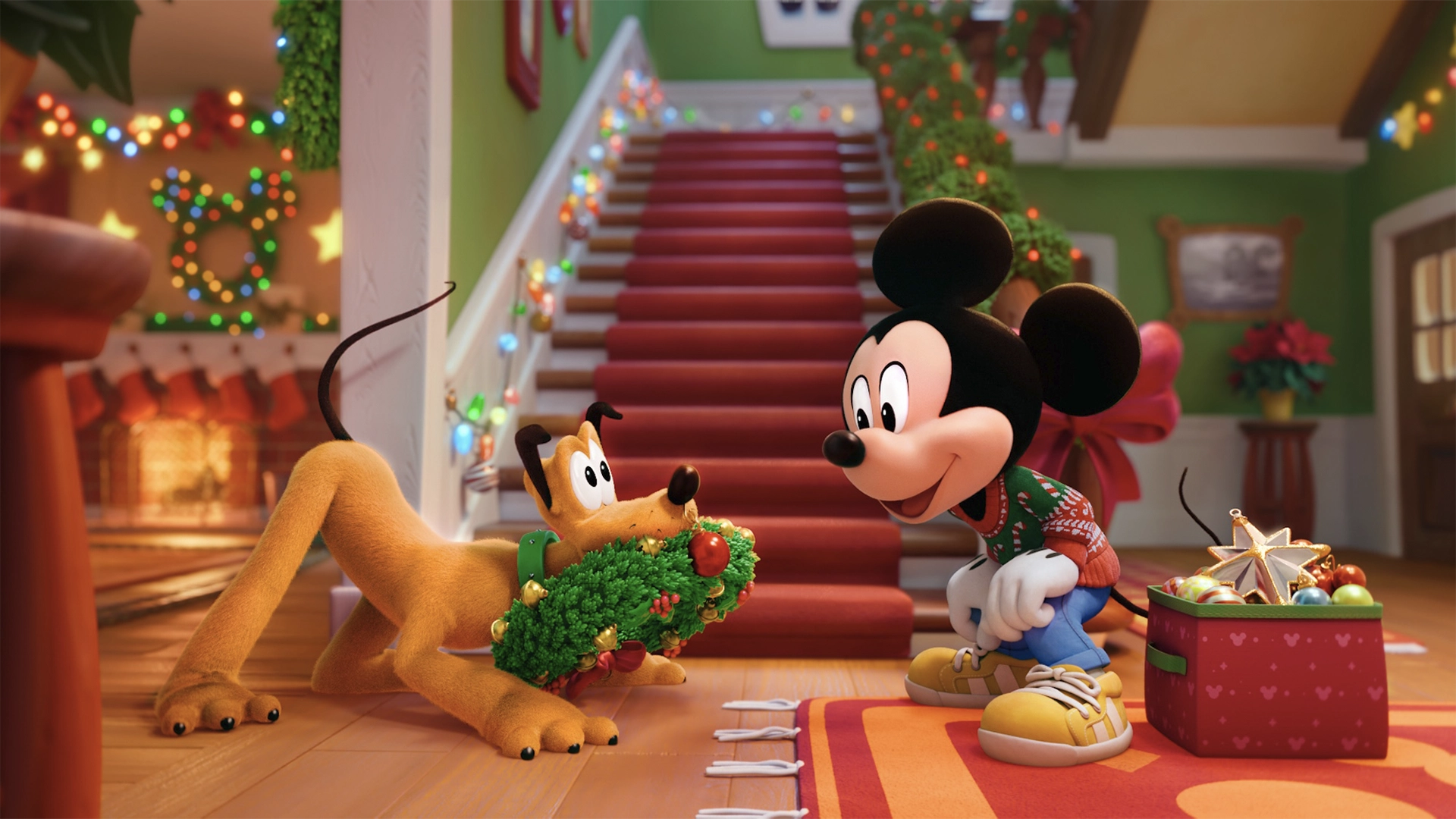 Mickey Mouse and Pluto Share a Moment with a Festive Wreath in a Warmly Lit Holiday decorated Foyer Near a Staircase and Gift Boxes