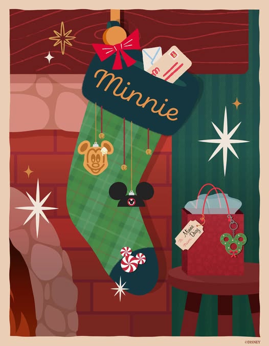 Minnie Stocking | The Main Street Mouse Christmas Stocking Labeled Minnie Hanging by a Fireplace Adorned with Minnie Mouse Ornaments and Candy Cane with Gifts Nearby