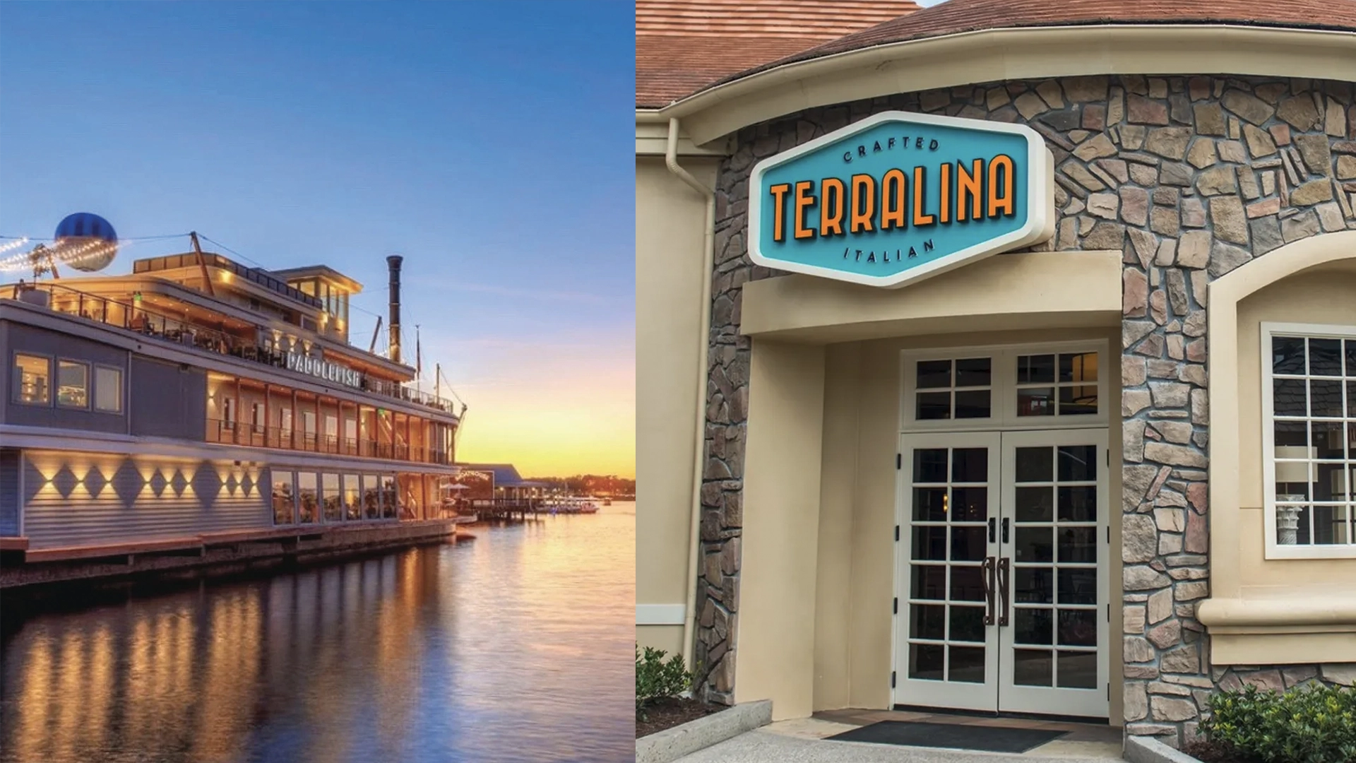 Left a Docked Riverboat at Sunset Along a Marina Right the Entrance to Terralina Italian Restaurant with a Turquoise Sign on a Stone Wall