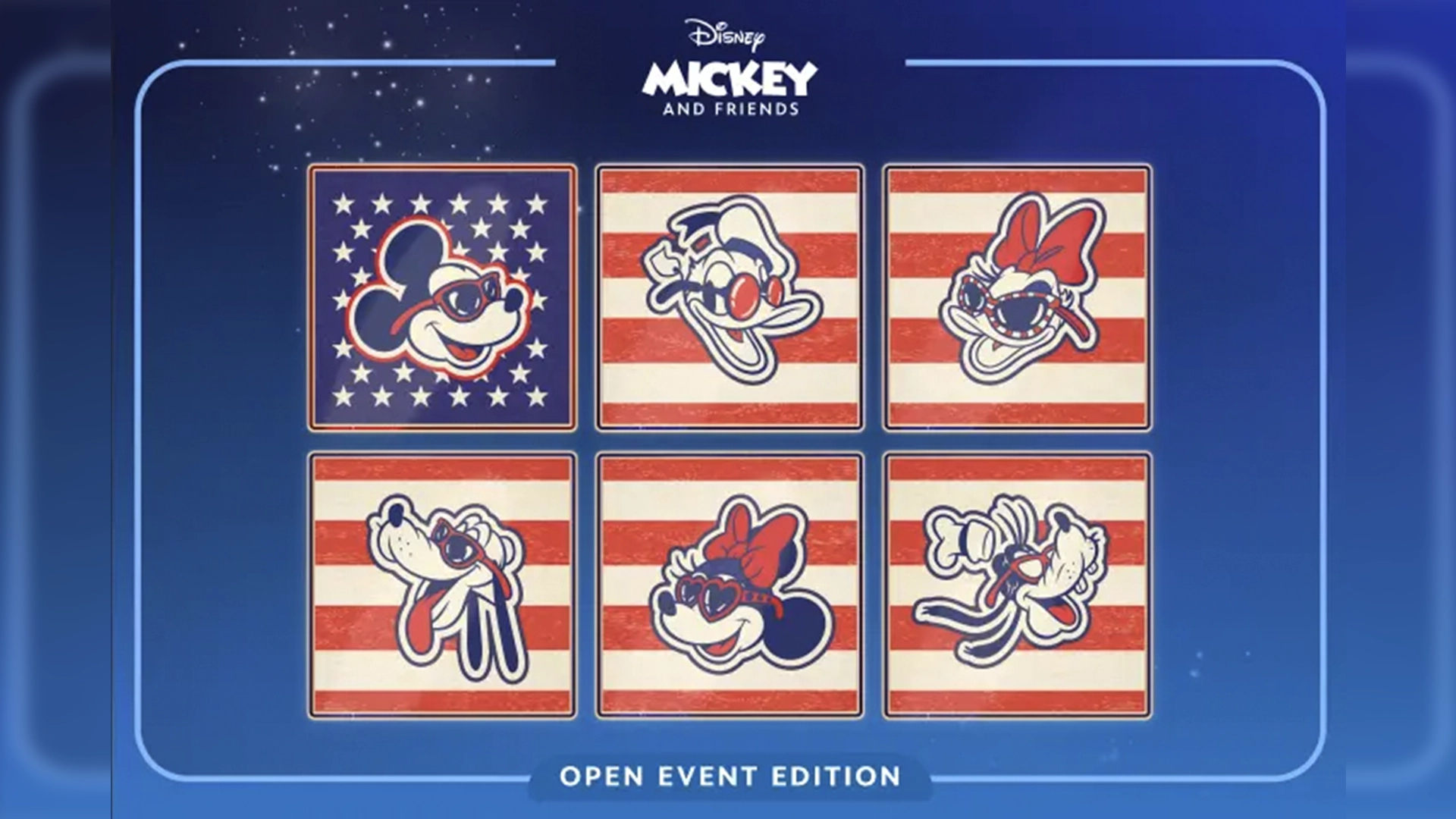 Nine Square Cards Featuring Mickey and Friends on Red and white Stripes or Blue Star Patterns Arranged in a 3x3 Grid open Event Edition