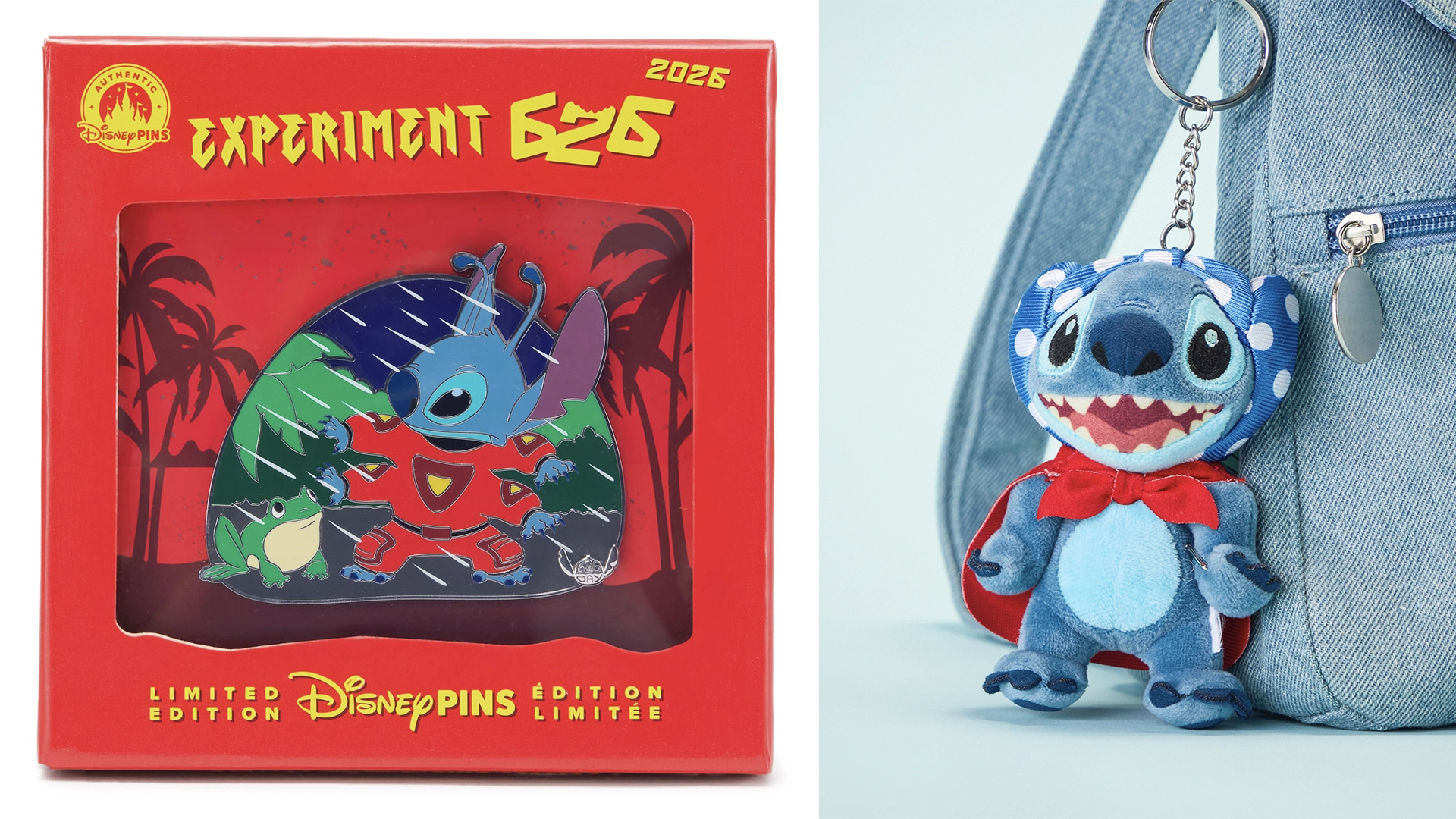 Red Disney Pins Box Labeled experiment 626 with Stitch Artwork Visible Through a Window on the Front Panel