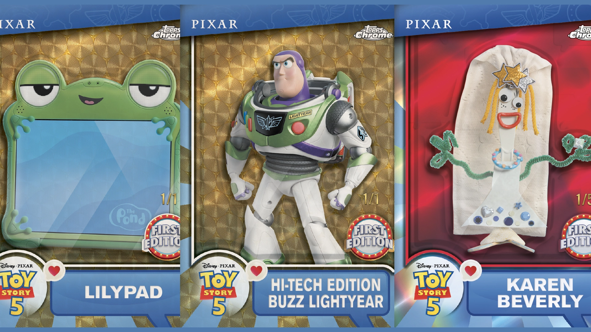 Topps Reveals FirstEver Toy Story 5 Trading Cards in 2026 Topps Chrome Disney Set | The Main Street Mouse Triptych Packaging Showing a Green Lilypad Frog Buzz Lightyear Figure and a White Sock Character with Stars from Toy Story 5 First Edition