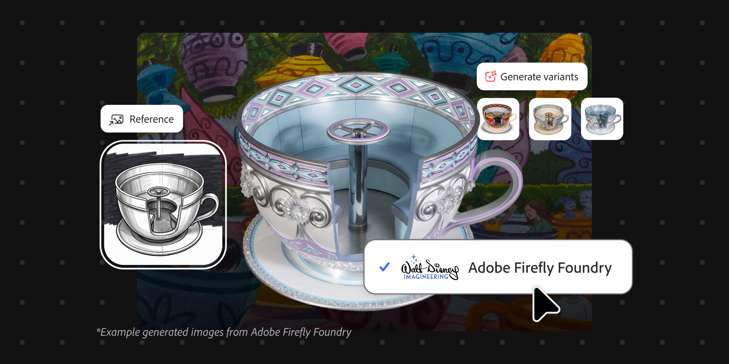 3d Rendering of an Ornate Teacup and Open Vessel with Colorful Background Ui Labels Read Reference and Generate Variants
