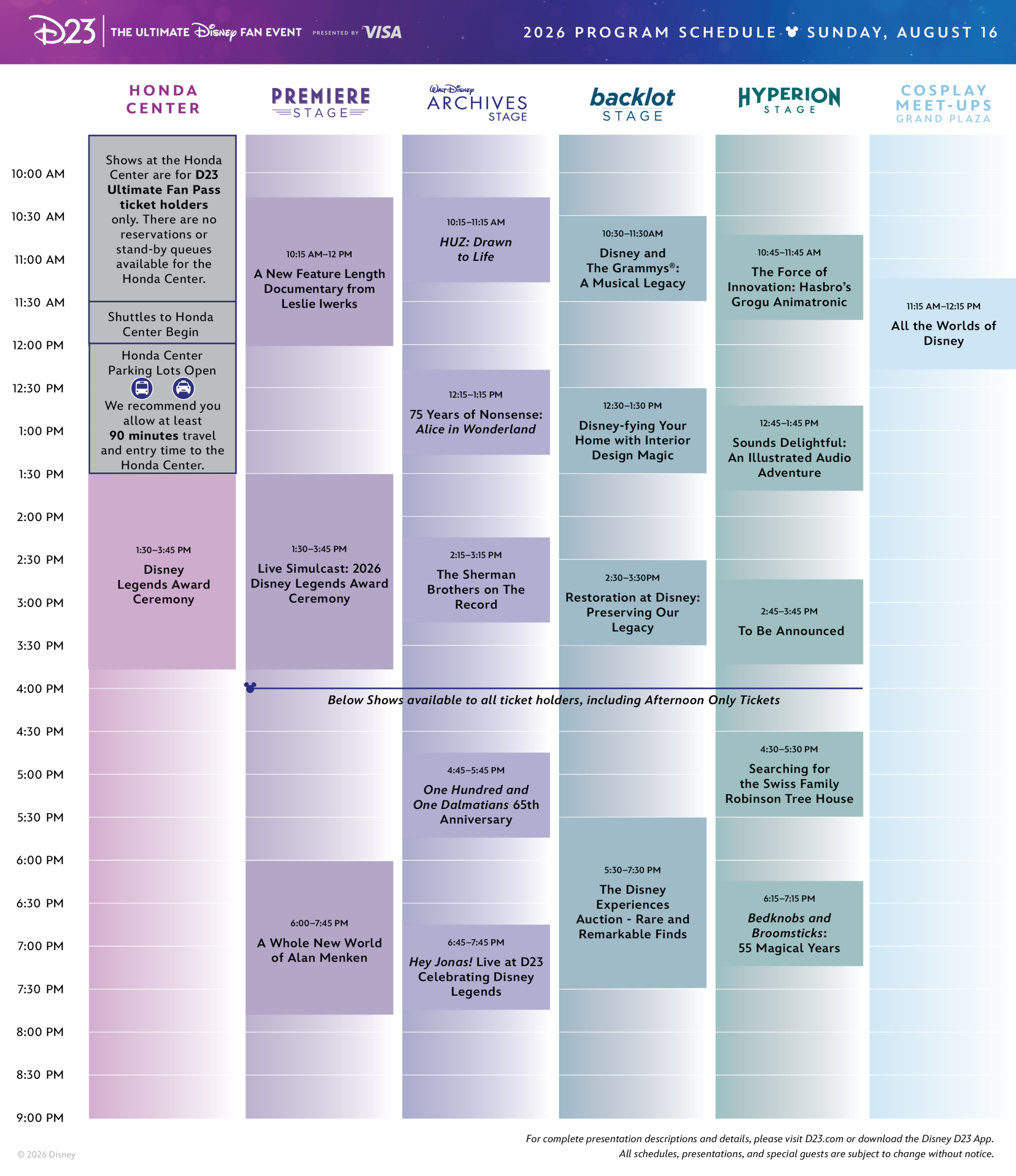 D23SundayProgramming | The Main Street Mouse D23 sunday programmingsunday Schedule Grid Showing Stages and Time Blocks 10 Am9 Pm with Event Titles