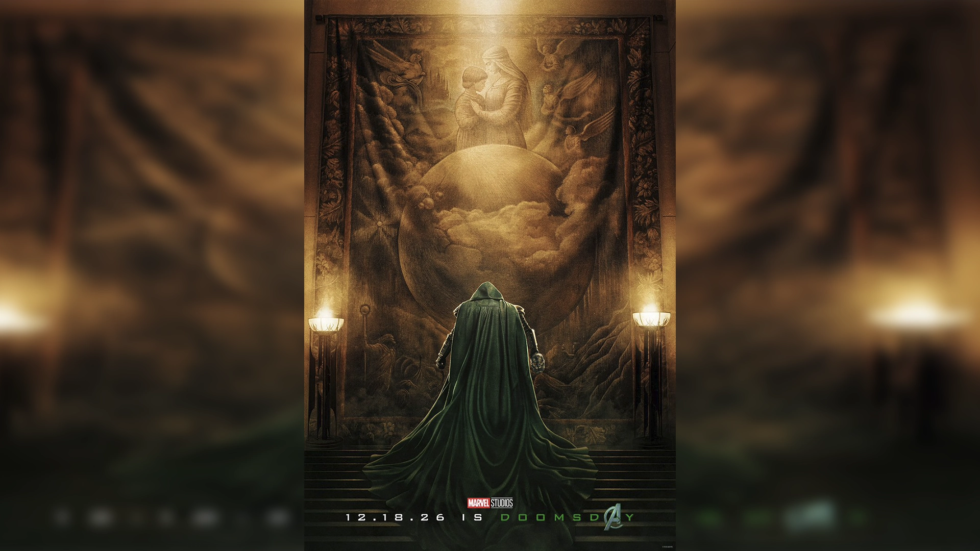New Official Trailer for Avengers Doomsday Finally Arrives | The Main Street Mouse Hooded Figure in a Long Green Cape Stands Before a Huge Circular Painting of Clouds and Figures Flanked by Two Torches Like a Movie Poster Setting