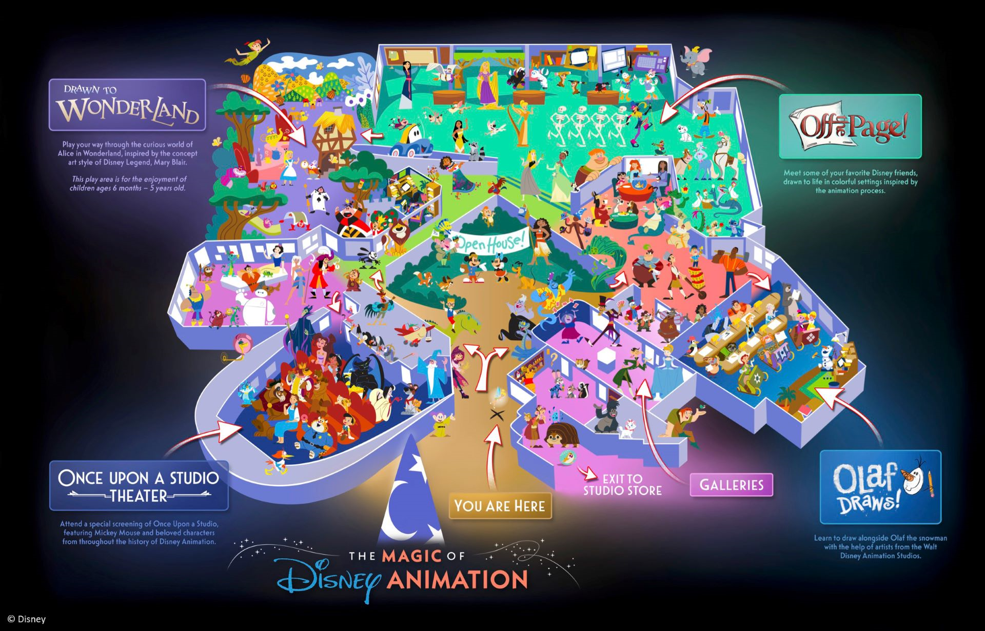 MODAFunMap | The Main Street Mouse Colorful Isometric Map of a Disney Animation Studio with Labeled Sections and Cartoon Characters Guiding Through the Experience
