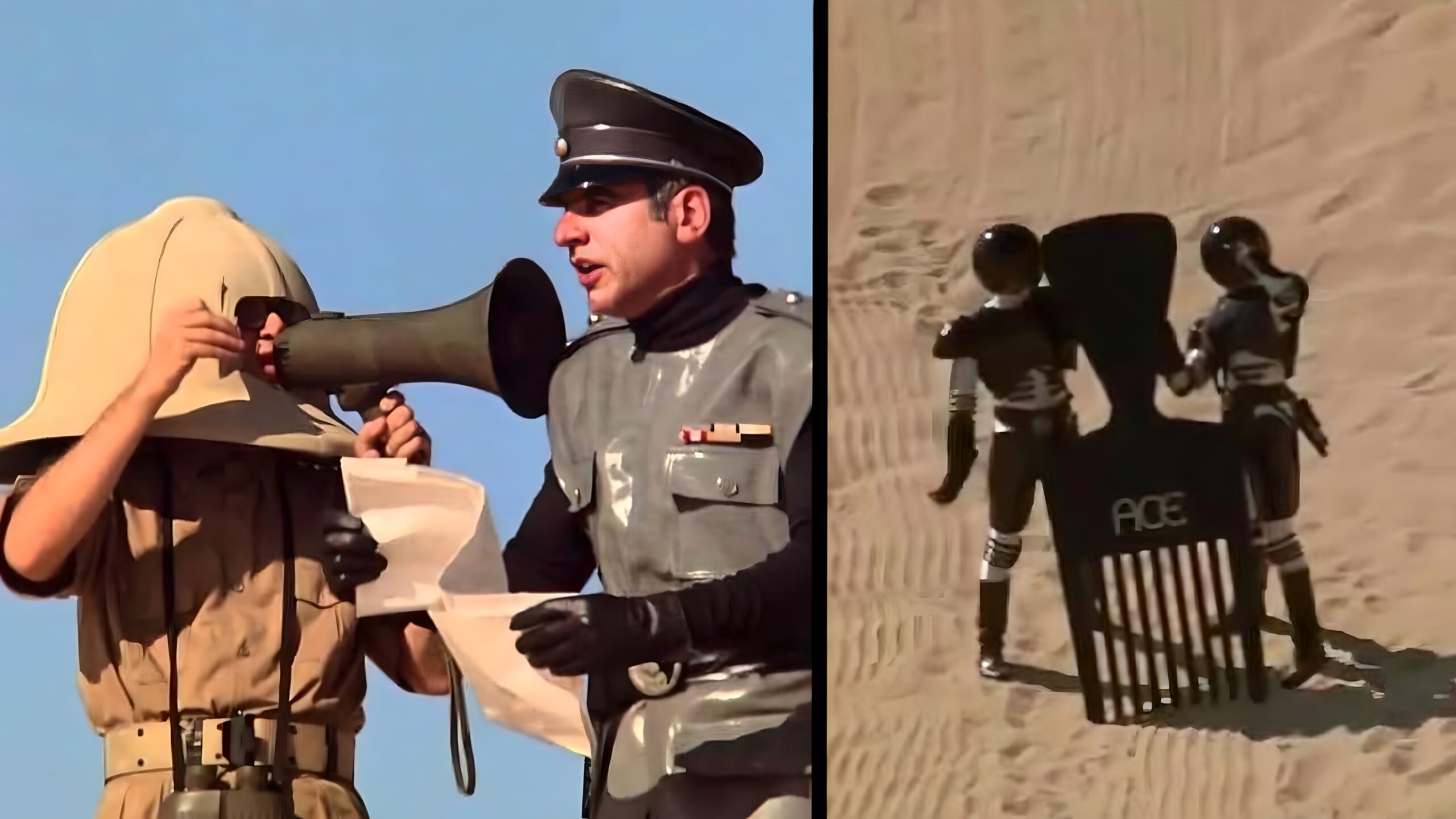 Uniformed Officer with a Megaphone Speaking to a Hooded Desert clad Person left Panel